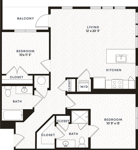 Floor plan for 2 beds, 2 baths, 1049 sqft